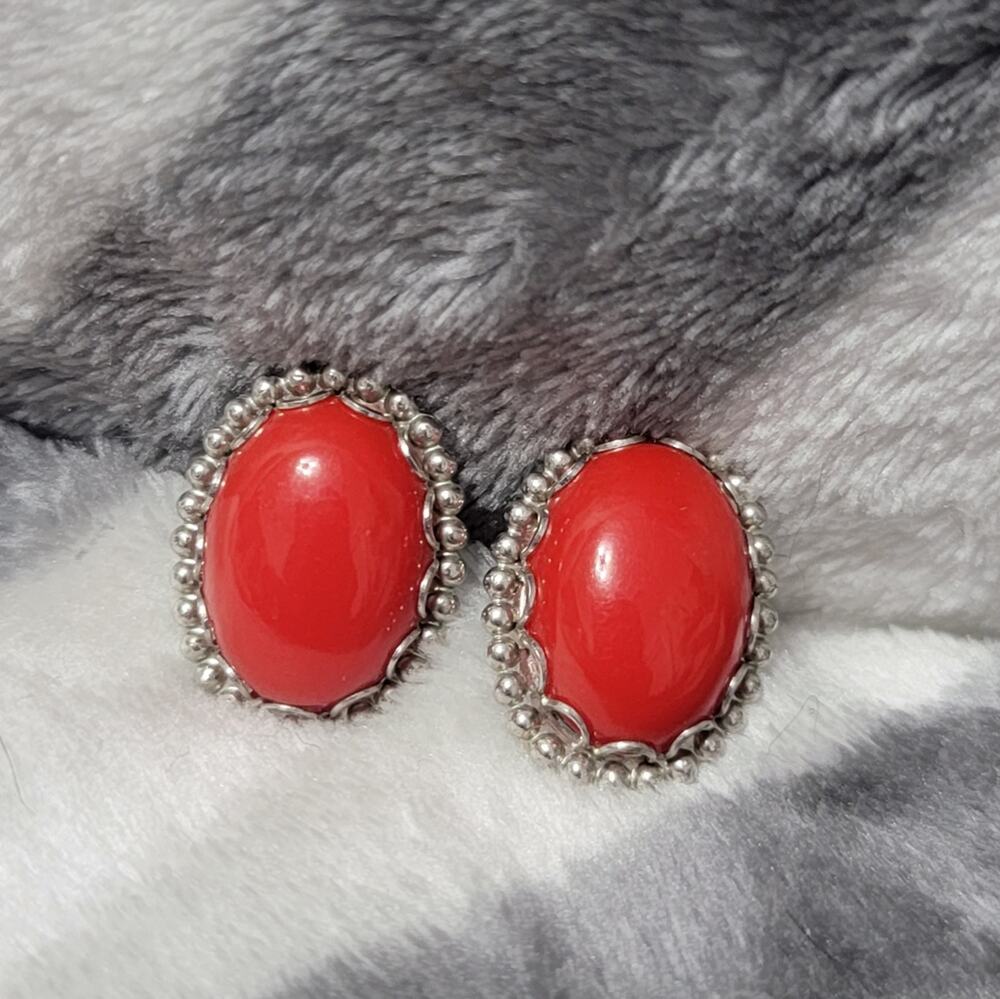 Vintage 80s Red Cabochon Silver Tone Screwback Statement Earrings